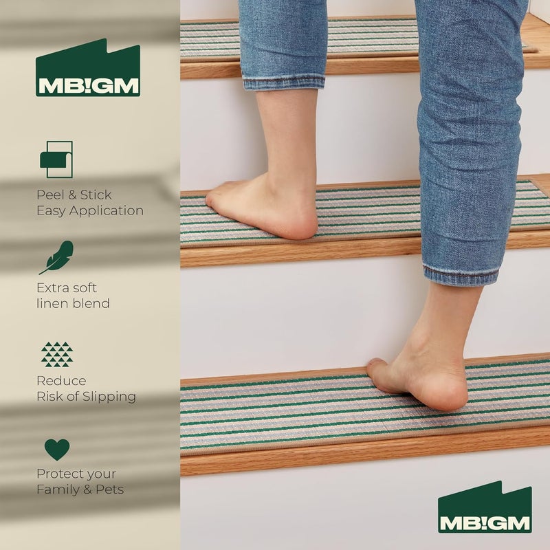 MBIGM 8" X 30" (15 in Pack) Non-Slip Carpet Stair Treads Non-Skid Safety Rug Slip Resistant Indoor Runner for Kids Elders & Pets with Reusable Adhesive - Soft Stripes - Serene Sage - Image 3